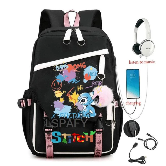 Nueva moda mochila escolar puerto usb mochila adolescente niña Lilo y  puntada kawaii mochila