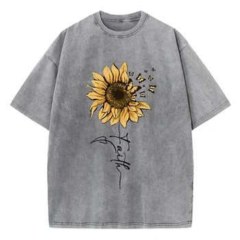 Sunflower And Butterfly Cotton Washed T-Shirt Women Prints Tops Summer O-Neck Oversized T Shirts Vintage Black Woman Clothes 1