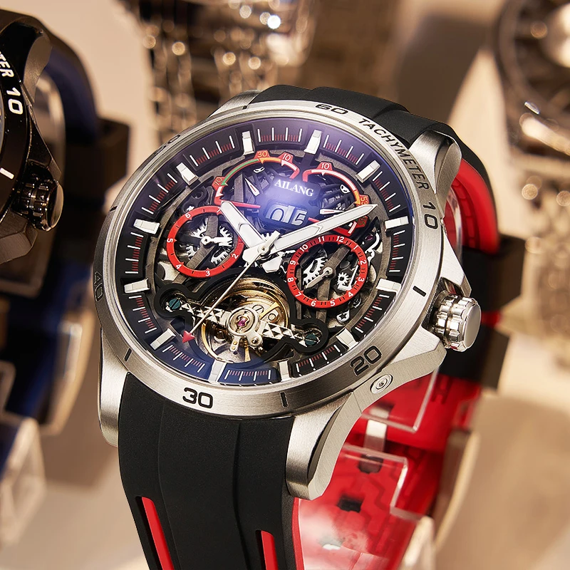 AILANG New Fashion Design Men's Watch Watch Tourbillon Waterproof Automatic Mechanical Watches Red Rubber Strap For Men