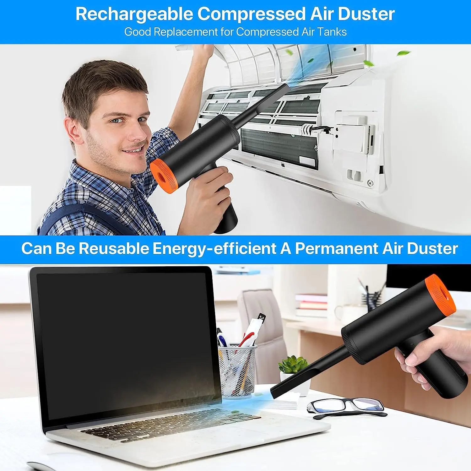 Portable Brushless Compressed Air Duster 2 in 1 Air Blower & Vacuum Cleaner Cordless Blower for Keyboard Computer desk vacuum