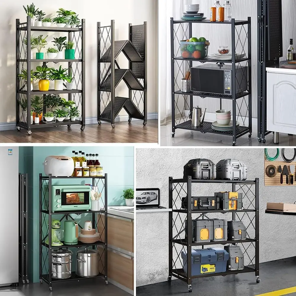 3-Tier Foldable Duty Storage Shelves with Wheels 13.4" D x 28" W x 34" H, Freestanding Shelving No Assembly Required, for Kitche 3