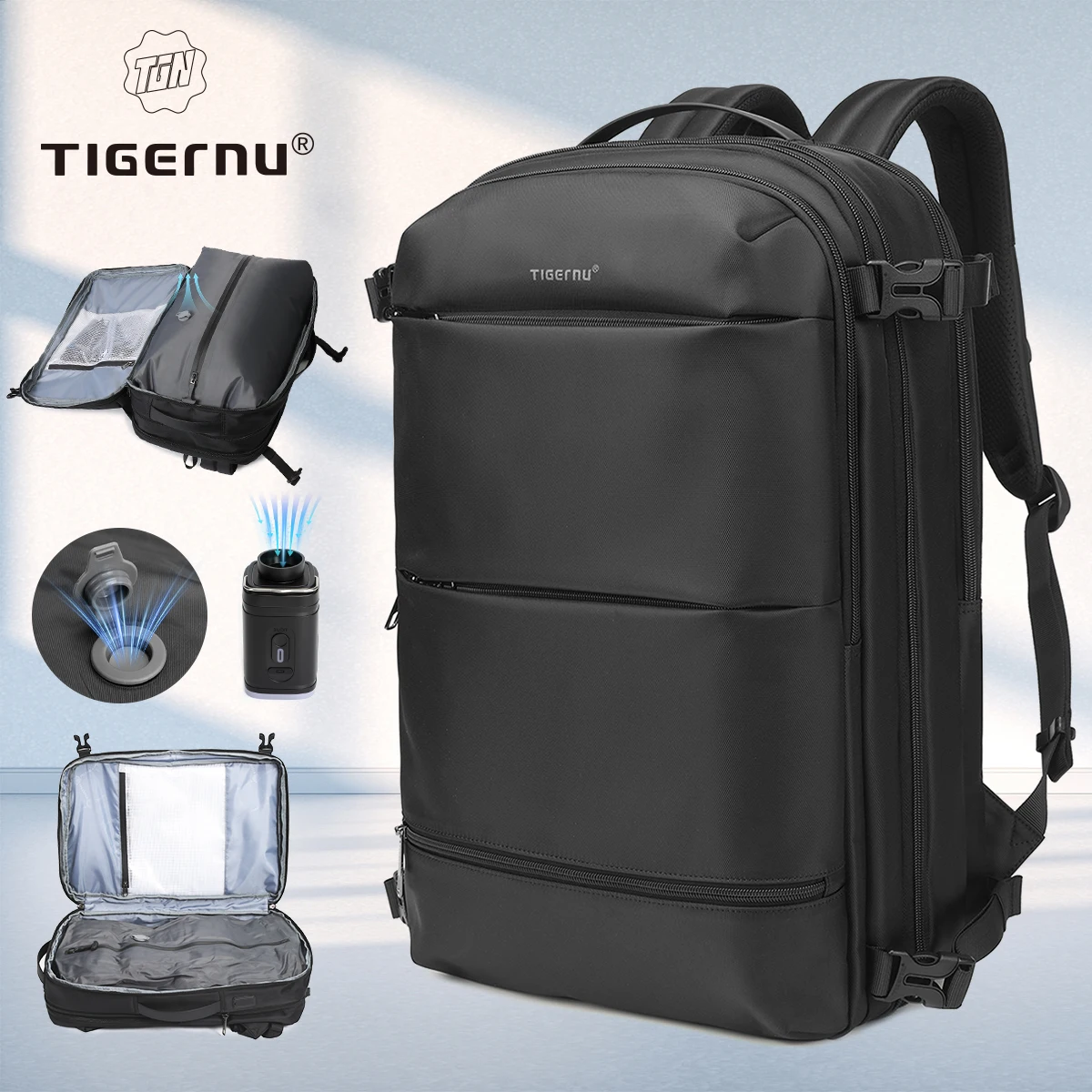Tigernu T-B9831 Vacuum Compression Travel Backpack Expandable USB Bag Large Capacity 17 Laptop Cabin Bags