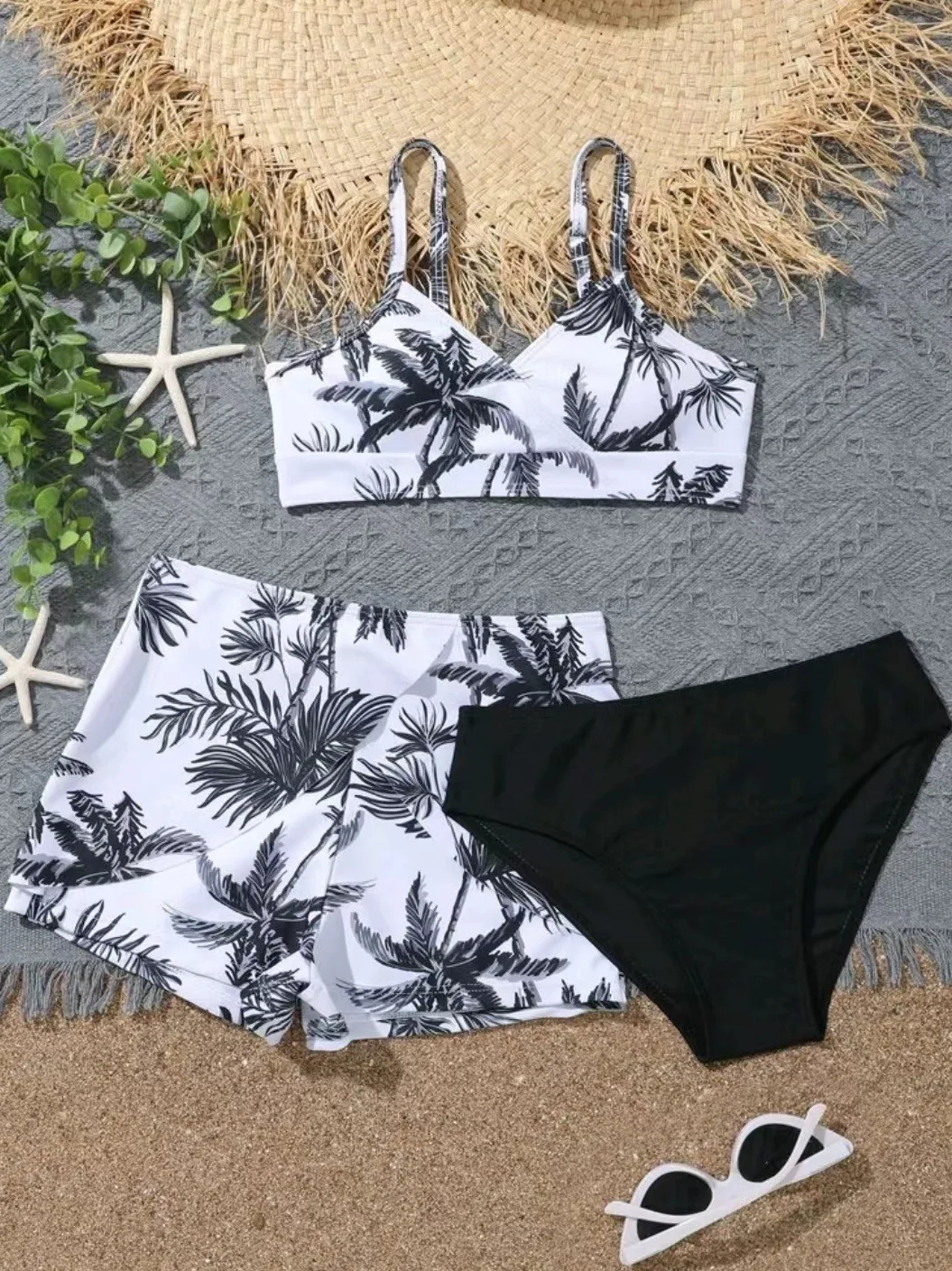 Girls 3pack Coconut Palm Tree Print Bikini Sets with Shorts Swimsuit Kids 7-12 Years Children's Swimwear Trunks Bathing Suit