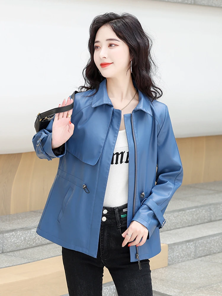 New Women Leather Coat Spring Autumn Fashion Casual Turn-down Collar Drawstring Waist Sheep Leather Trench Coat Loose Outerwear