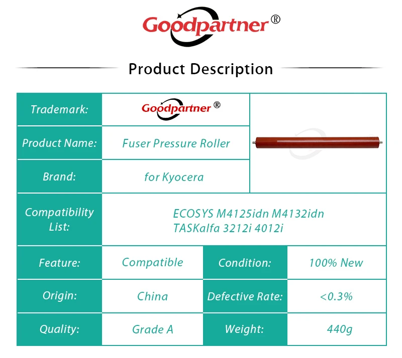 Fuser Pressure Roller 1X FK-6115 FK-6117 FK-7125 Fuser Lower Pressure Roller for KYOCERA M4125idn M4132idn TASKalfa 3212i 4012i M4125 M4132 3212 4012