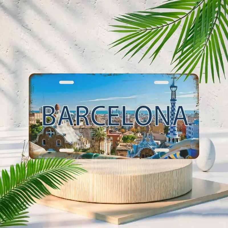빈티지 바르셀로나 도시 풍경 패턴 장식 번호판, 자동차 번호판, 가정용 가구, ..