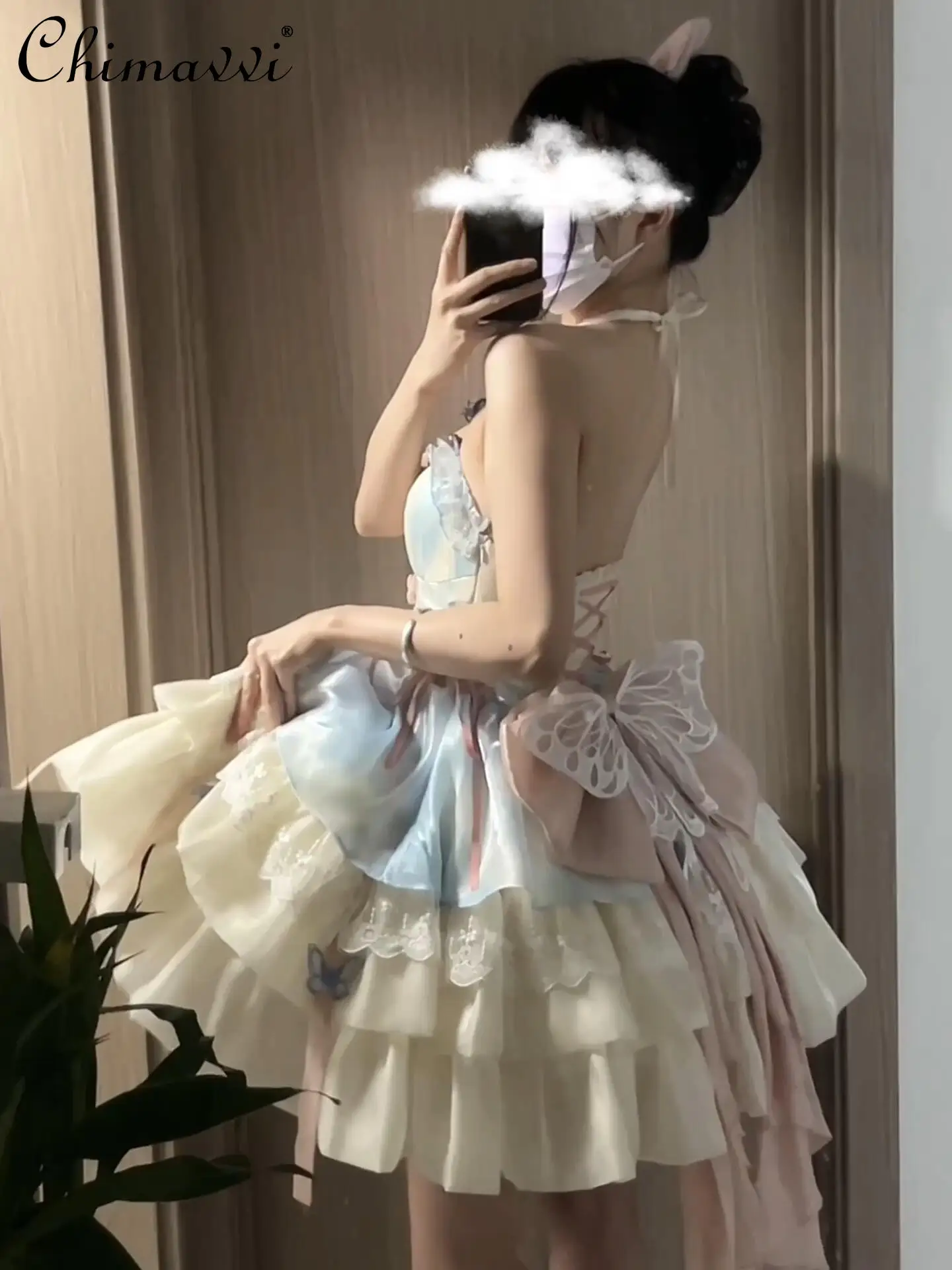 

Sweet Lolita Princess Sexy Halter Butterfly Tail Tulle Tutu Dress Summer Fashion High Waist Slim-fit Elegant Mini Dress Women