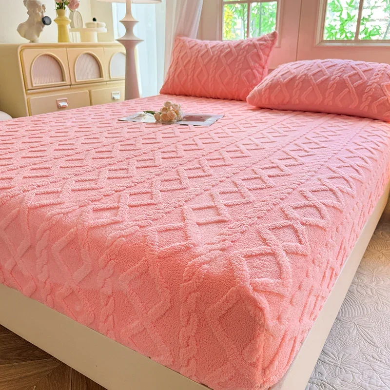 2024 New Tuff Wool Solid Color Bed Hat Autumn/winter Thickened Thermal Mattress Cover 360 Degree Wrap with Elastic Sheet 200x220 3