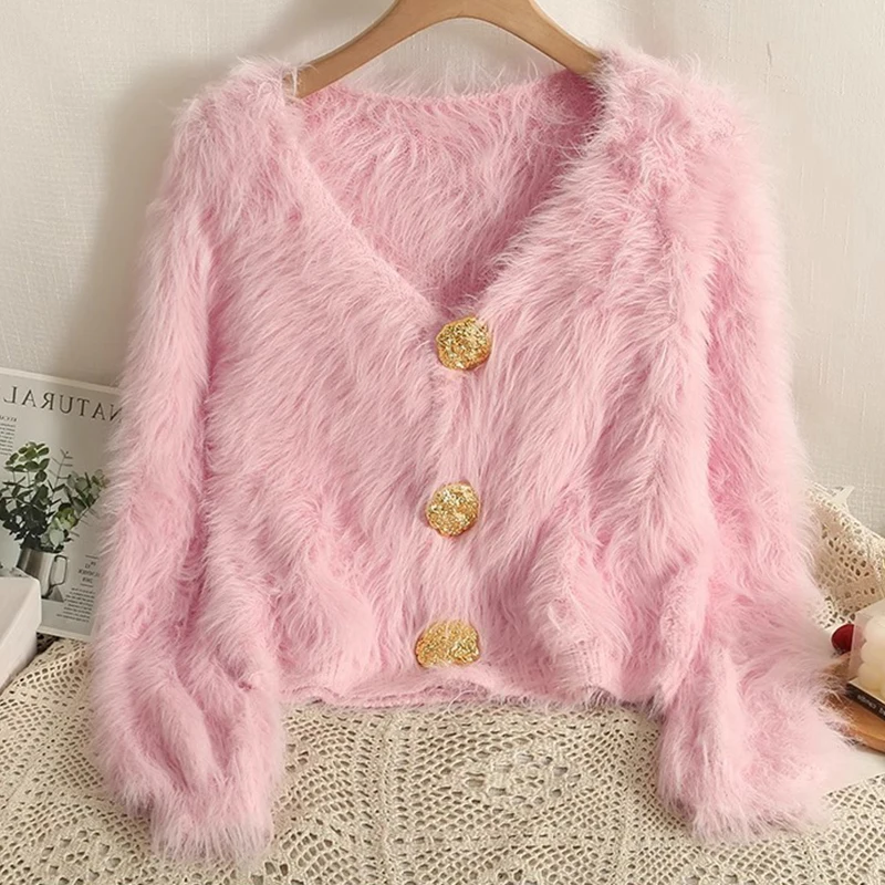 

Элегантные вязаные свитера из искусственной норки с V-образным вырезом и длинными рукавами