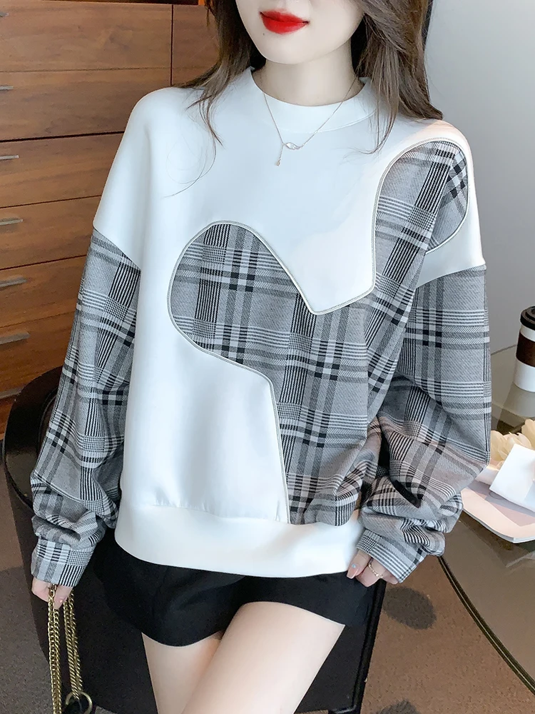 Women Thick Fleece Sweatshirts Loose Casual Patchwork Plaid White Pullovers O-Neck Long Sleeve Full Winter Hoodie Jumper Female