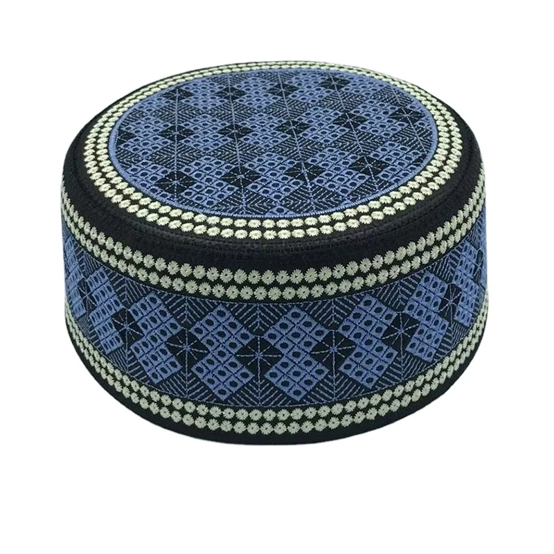 

Muslim Prayer Cap Black with Blue Embroidery 2023 New Islam Clothes Men Kippa Kufi Flat Hat Islamic Ropa Hombre Free Shipping