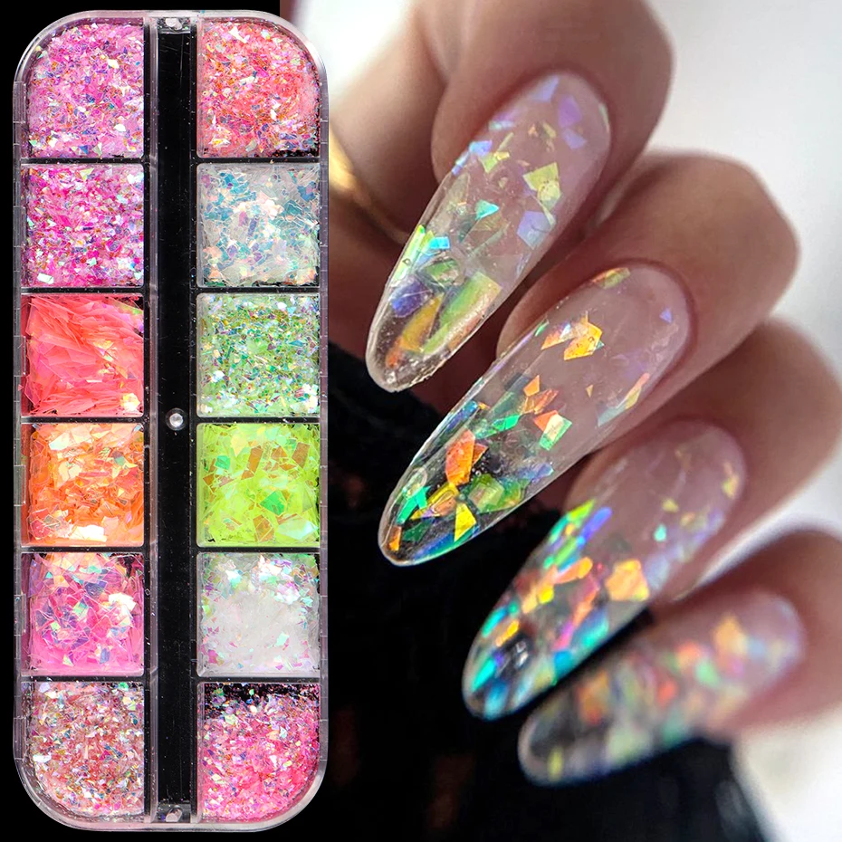 Nail Glitter 12 Grids Aurora Chameleon Nail Glitter Flakes Irregular Crystal Glass Sequins Powder Shiny Mermaid Paillette Nail Art Decoration