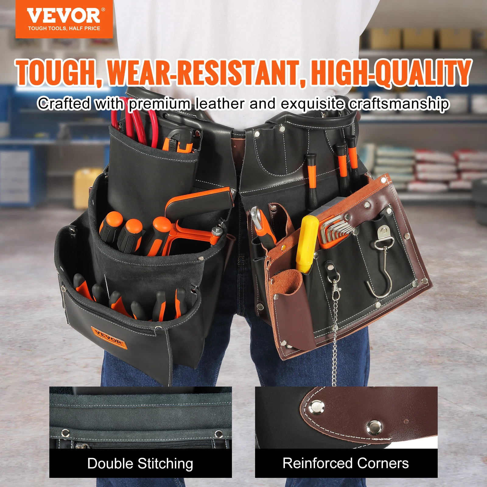 VEVOR 31 Pockets Tool Belt Pounch Adjusts 32 In to 54 In Leather Detachable Tool Storge Bag for Electrician Carpenter Handyman 2