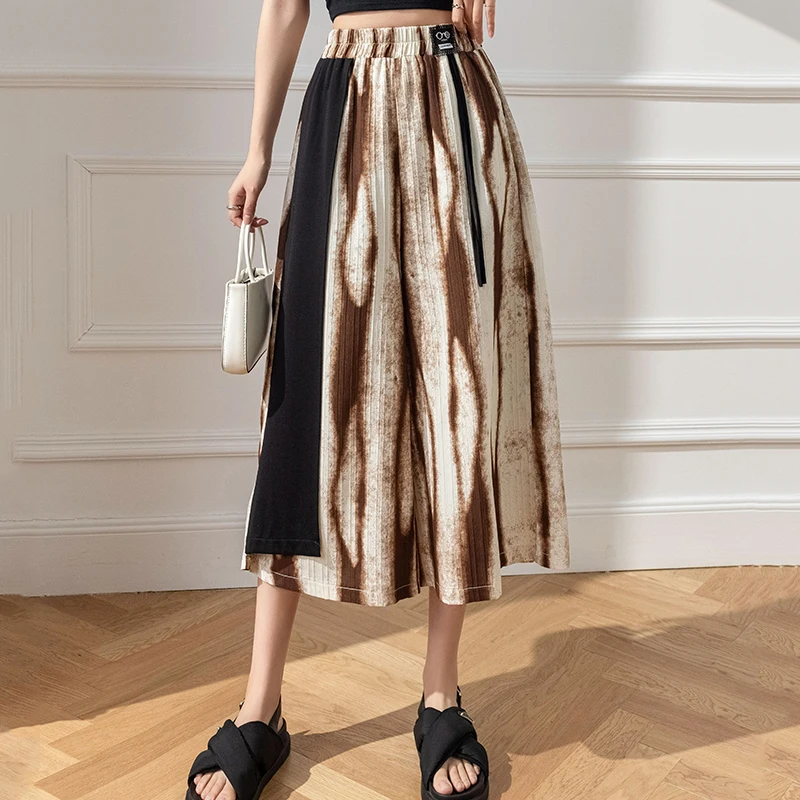 Vintage Tie Dyed Velvet Baggy Pants Women Summer New Fashion High Waist Elastic Loose Wide Leg Pants