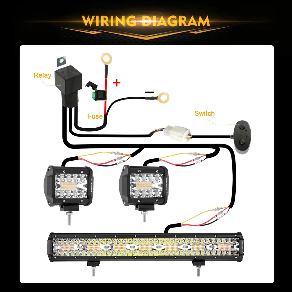 AuxBeam-LEDワークライト,4インチ,20インチ,配線ハーネス付き,6モード