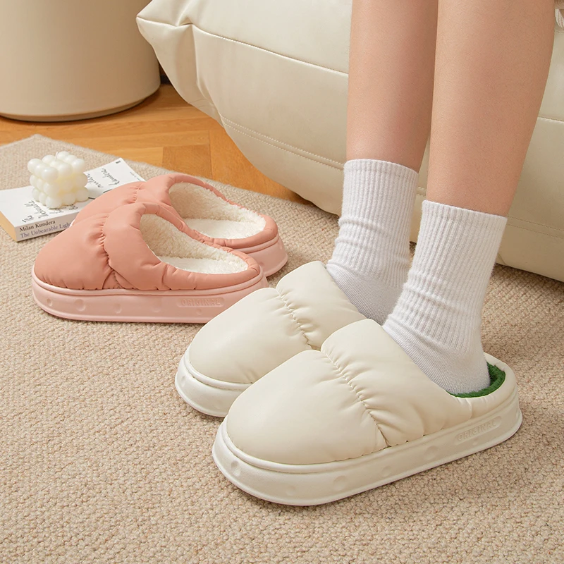 Feslishoet Winter Indoor Slippers Women Plush Keep Warm Flat Home Soft Comfort Slides Men PU Leather Waterproof Fashion Shoes 6