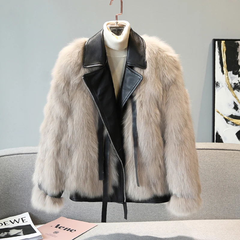 

Women Turn-Down Collar Patchwork Leather Zipper Plush Faux Fur Jacket Winter New Korean Fashion Casual Design Sense Moto Coat