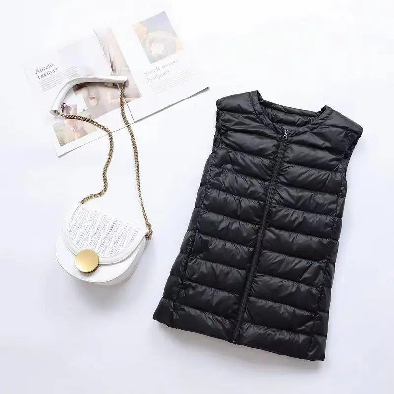 

New Autumn Winter Women Ultra Light Thin Duck Down Vest Sleeveless O-Neck Zipper Waistcoat Windproof Puffer Female Down Jackets