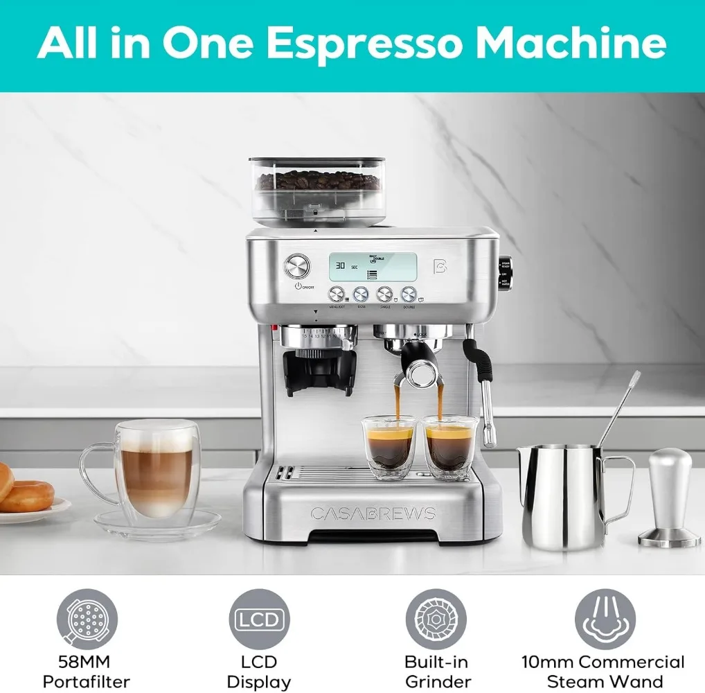 CASABREWS Espresso Machine W/ Grinder, Barista Espresso Maker W/ Milk Frother Steam Wand, Professional Cappuccino Latte Machine