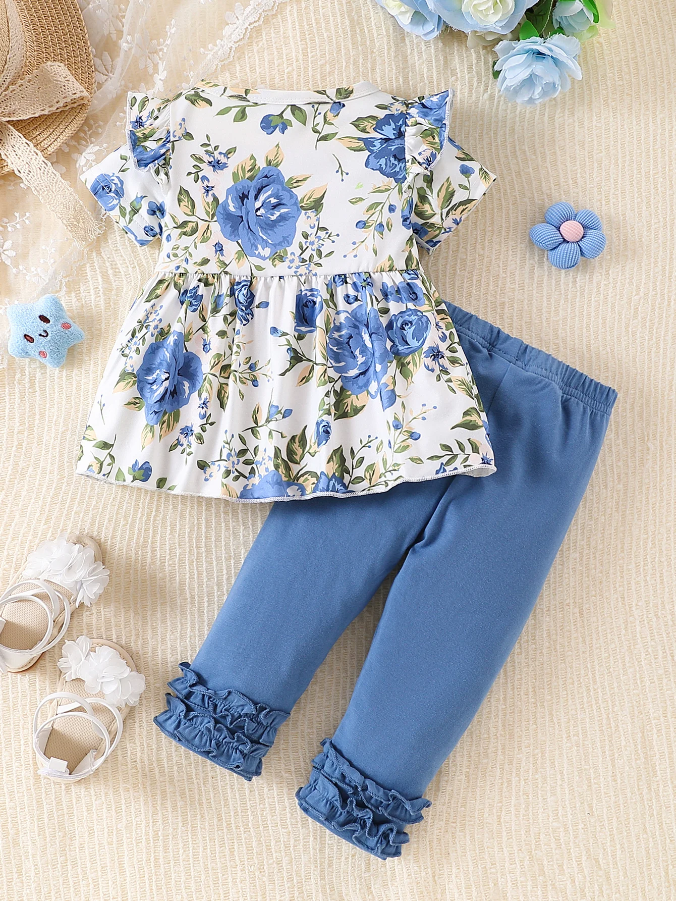 Top Rated Trending Baby Girl (0-4Y) Floral Print Ruffle Top & Lace Trim Pants 2pc Set: Soft Breathable Cotton, Skin-Friendly 2