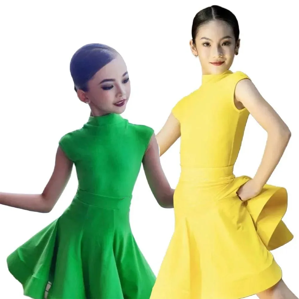 Dance Dress Green Ballroom Latin Short Sleeve Girls American Dance Rumba Cha Cha Samba Tango Costume Competition Practice Kids