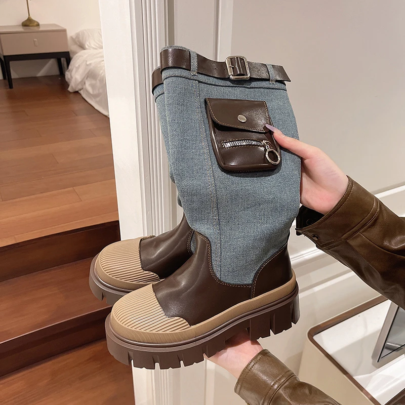 Denim Boots For Ladies.Mid-Calf-Denim-Boots-Women-2024-Autumn-Retro-Chunky-Platform-Long-Boots ...