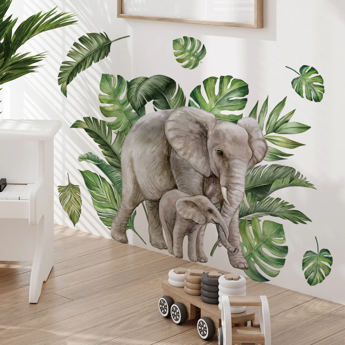 2pcs Cartoon Wallpaper Elephant Elephant Green Plant Background Wall Living Room Room Bedroom Decorative Wall Sticker Bm2038