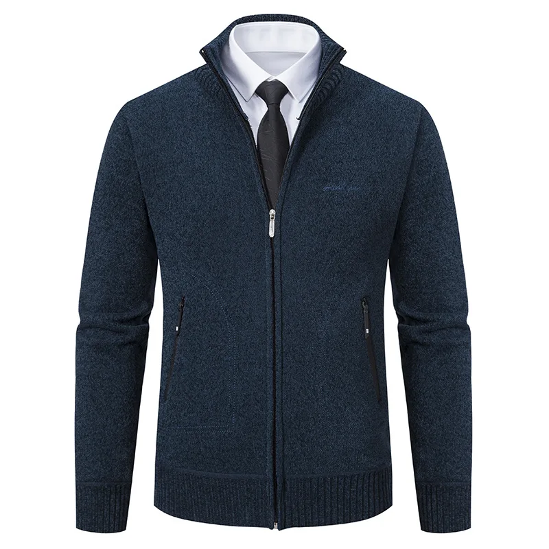 Cross border Autumn and Winter Men's Fashion Youth Casual Cardigan Coat New Long Sleeve Slim Fit Standing Neck Knit Sweater for