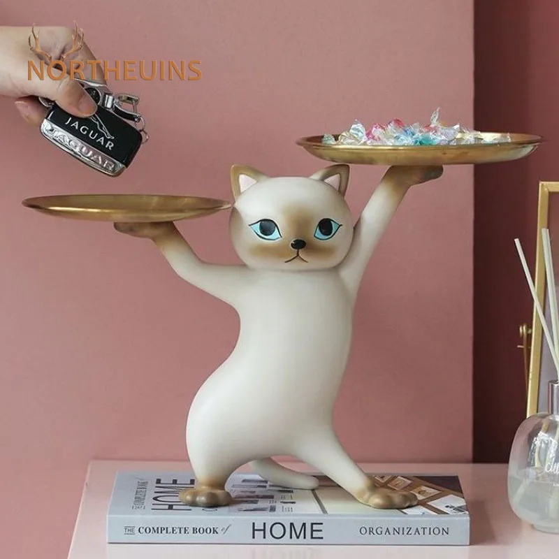 NORTHEUINS Resin Cat Tray Figurines for Interior Entrance Key Desktop Candy Storage Container Home Office Table Decor Accessorie