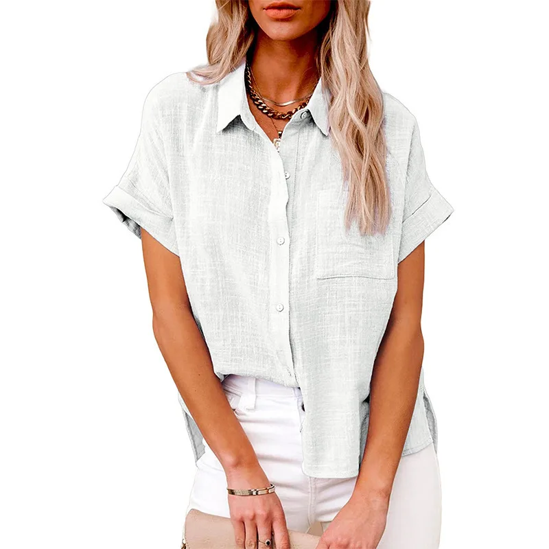 

Women's T-shirt Spring and Summer 2023 New Fashion Casual Top Cotton Pocket Short Sleeve Shirt Button T-shirt