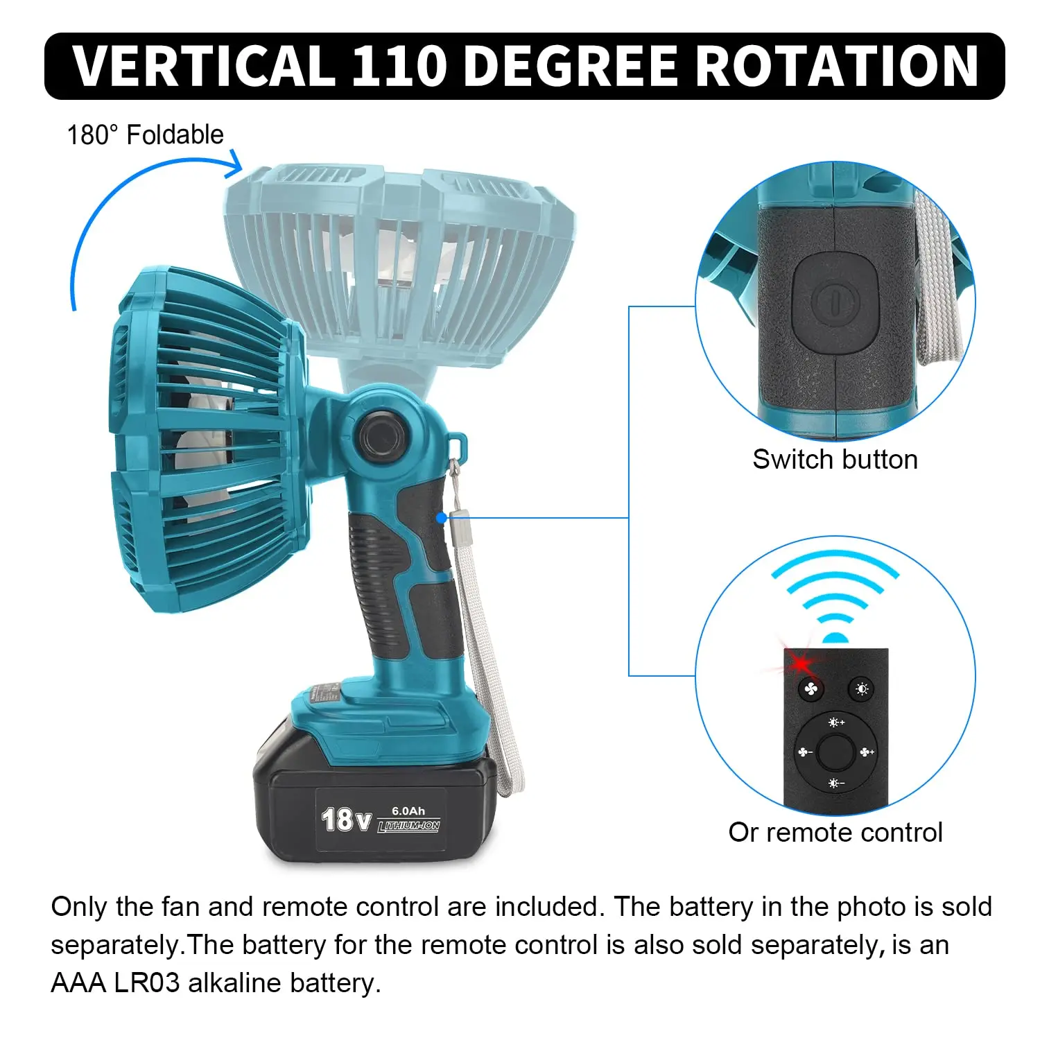 Beytvyow Cordless Fan for Makita 18v Battery with LED Light USB-A Fast Charging