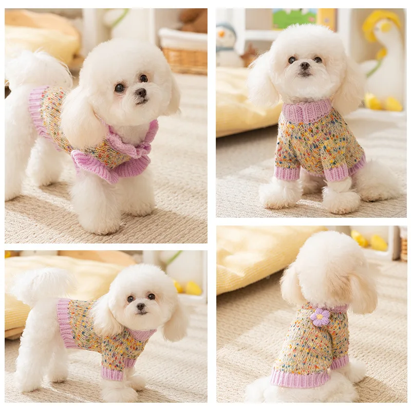가을 겨울 애완동물 물방울 무늬 꽃무늬 스웨터, 소형견 및 고양이를 위한 부드럽고 따뜻한 니트웨어