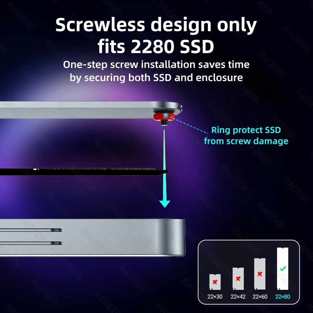 RAGEER Visual Smart M.2 NVMe 2280 Enclosure Aluminum USB-C Adapter 10Gbps Data Transfer Speeds External SSD Storage external hard drive case ssd enclosure hard drive adapter ssd adapter