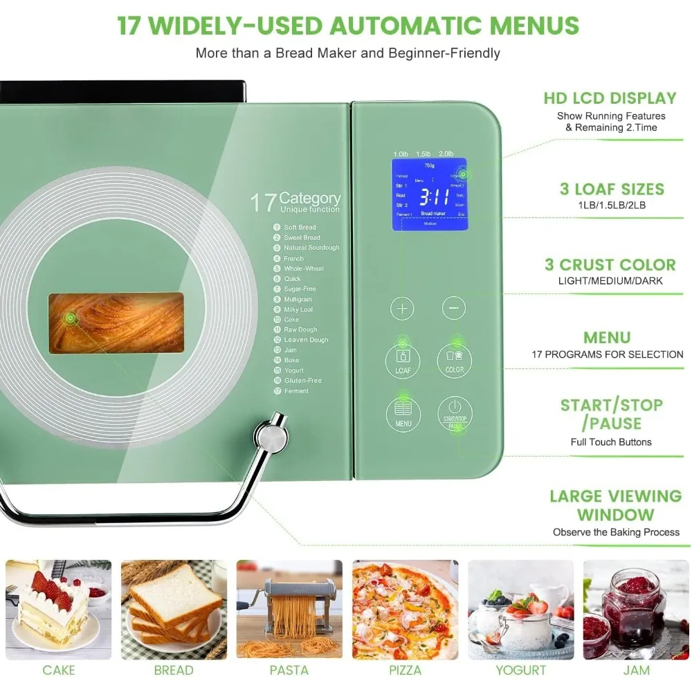 2.2LB Large Bread Maker Machine-Dual Heaters, 17-in-1 Breadmaker with Gluten-Free, Pizza Dough, Jam,