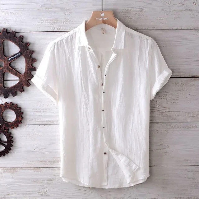 Linen Short Sleeved Shirt for Men, Trendy Japanese Retro Solid Color Summer Thin Casual Loose Cool Shirt Top 1