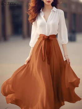 ZANZEA Holiday Office Chiffon Dress Women Colorblock Maxi Dresses Vintage V-neck Vestidos 2025 Summer Belted Waisted Swing Robe 1