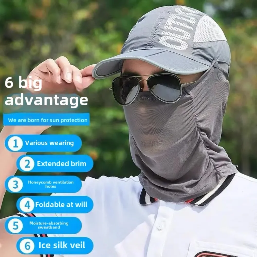UV Protection Hat with Ice Silk Face Cover Breathable Quick-Drying Hat Adjustable Outdoor Hiking Fishing Cycling Baseball Cap