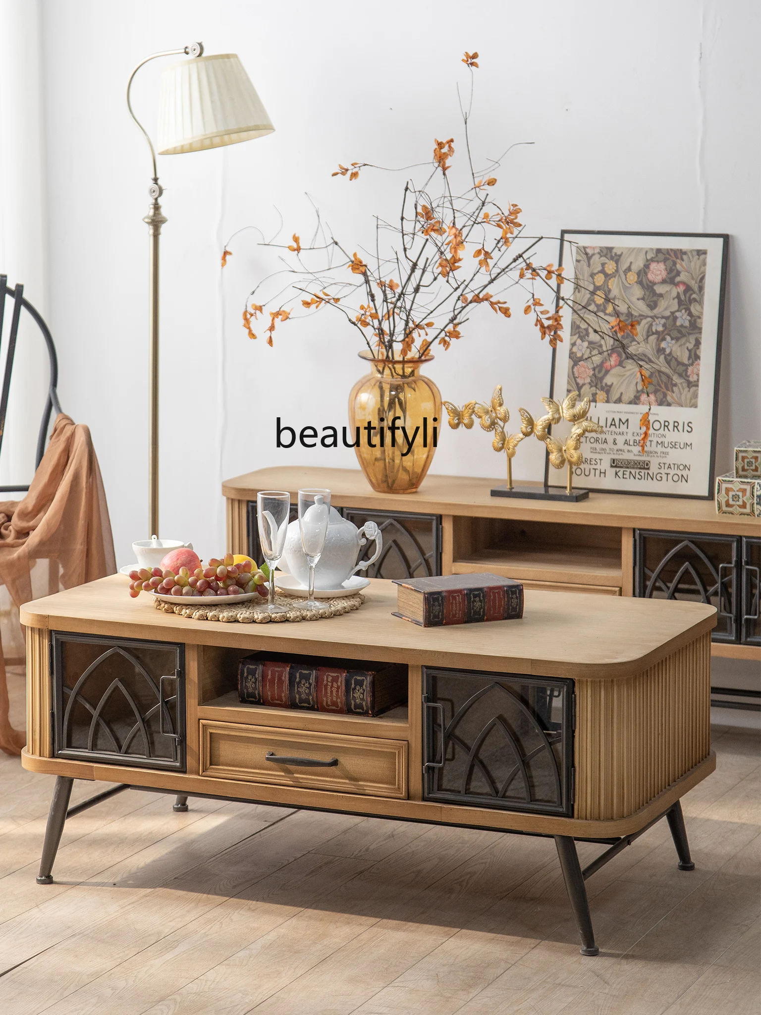 

American Retro TV Cabinet Unit Solid Wood Floor Cabinet Living Room Iron Locker Modern Simple Coffee Table