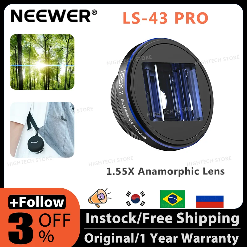 NEEWER LS-43 PRO 1.55x Blue Flare Anamorphic Lens 17mm Lens Clamp