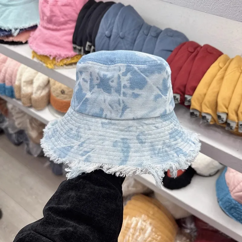 여성용 워싱 타이 염색 데님 어부 모자, 큰 처마, 차양, 작은 얼굴용 모피 가장자리 대야 모자, 신제품