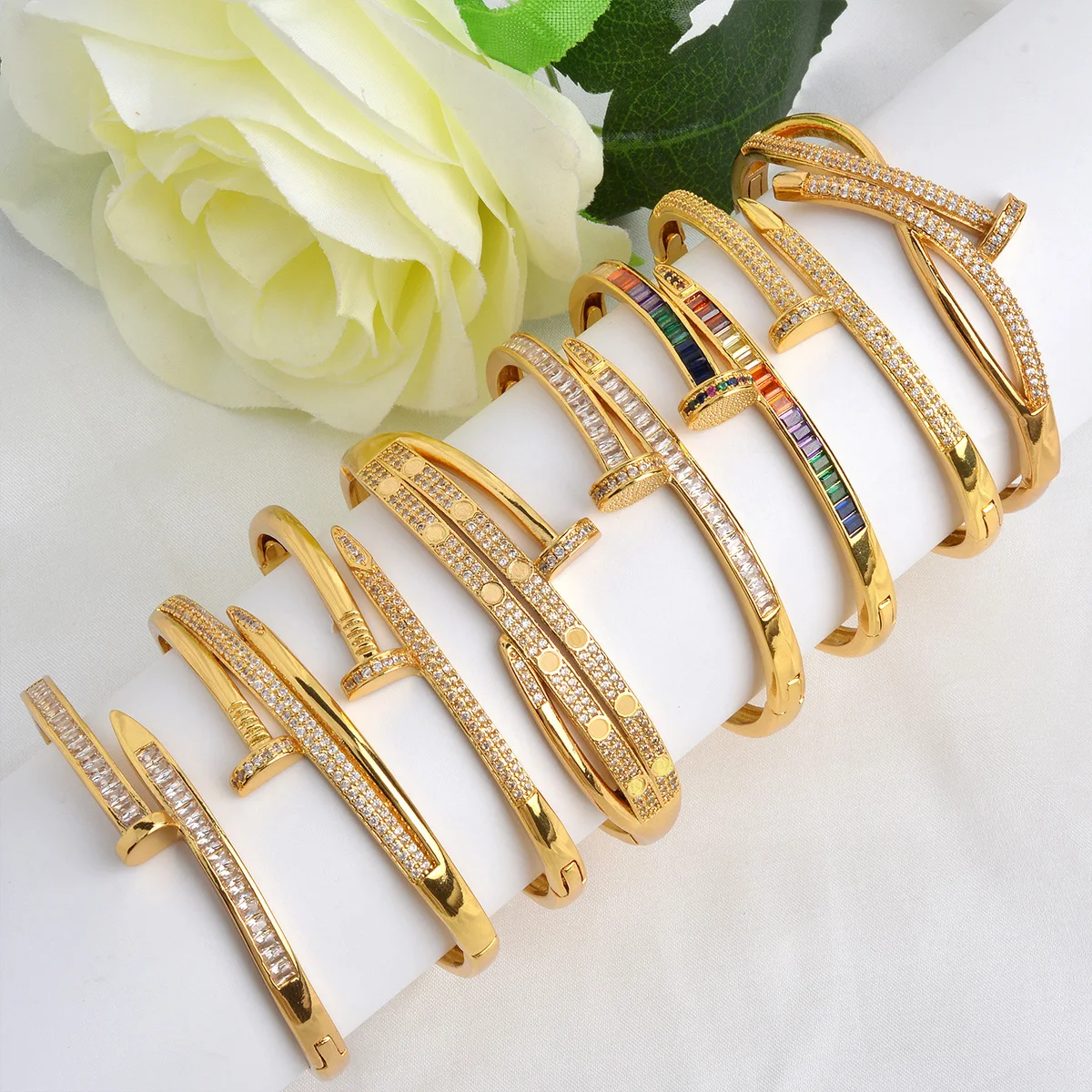 Gold plated wide zircon bracelet 9283-3974 – Dazzles Fashion and Costume  Jewellery