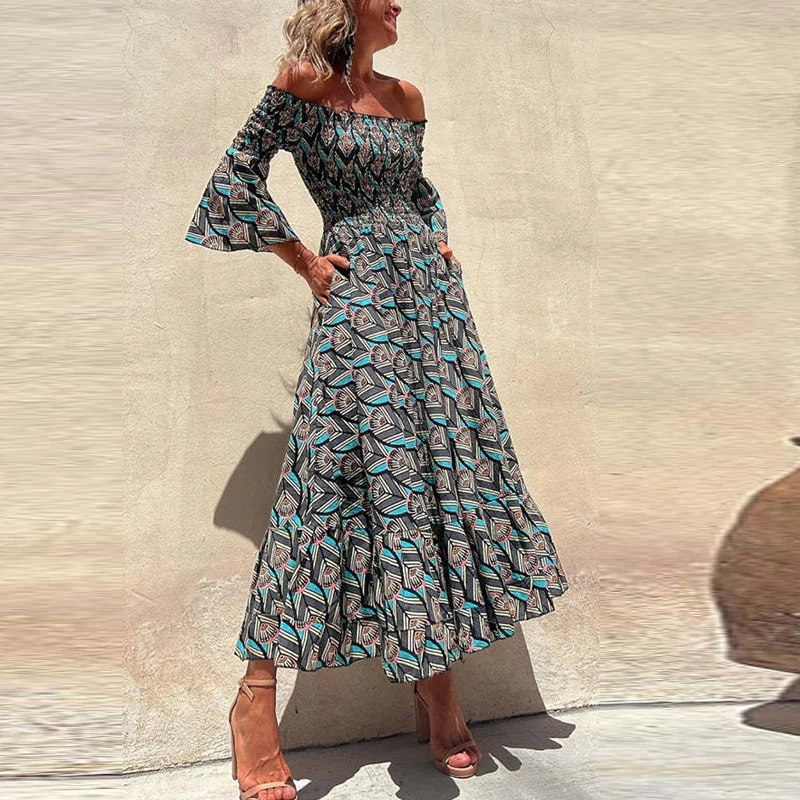 

Fashion Pattern Print Flare Sleeve Long Dress Elegant Slash Neck Off Shoulder Party Dress New Backless Ruffle Pleated Long Dress