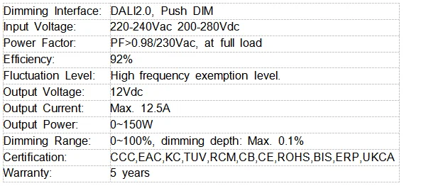 Description Picture 2 of itemLTECH Dimmable Driver 150W 12V 24V Dali-2 CV Constant Voltage Led Driver;AC 220-240V Input;Push Dim Lighting Transformer