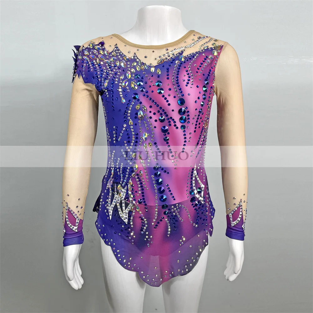 

LIUHUO Customize Women Girl Costume Performance Rhythmic Gymnastics Leotards Competition Skating Dress Sleeveless Purple Teens