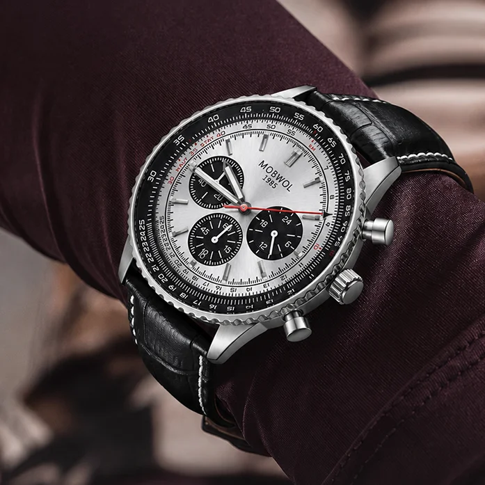 Men's Multifunction Chronograph Leather Strap Watch - Vintage Pilot Dial, Business & Fashion Style