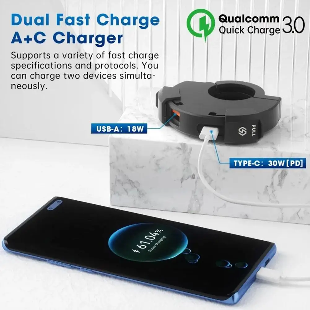 범용 오토바이 USB C 타입 충전기, 자전거 모토 R1K3 용, 핸들 바 장착 브래킷 충전기, 30W IP65 방수, QC3.0