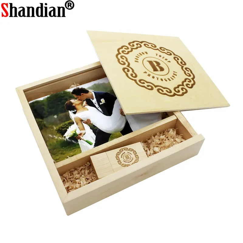 

Wooden Photo Album Box USB Flash Drives 128GB Free Custom Logo Memory Stick 64GB Engraved Logo Wedding Gift Pen Drive 32G U Disk