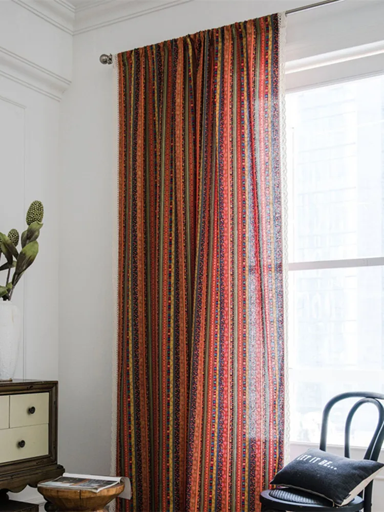 

Ethnic style curtains finished yarn-dyed jacquard splicing semi-blackout B&B bohemian living room kitchen