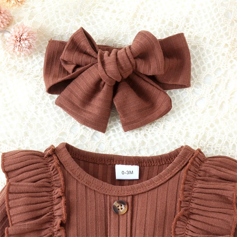 

Костюм для новорожденных девочек с длинным рукавом и круглым вырезом, комбинезон с бантом и повязкой на голову, носки, осенняя одежда