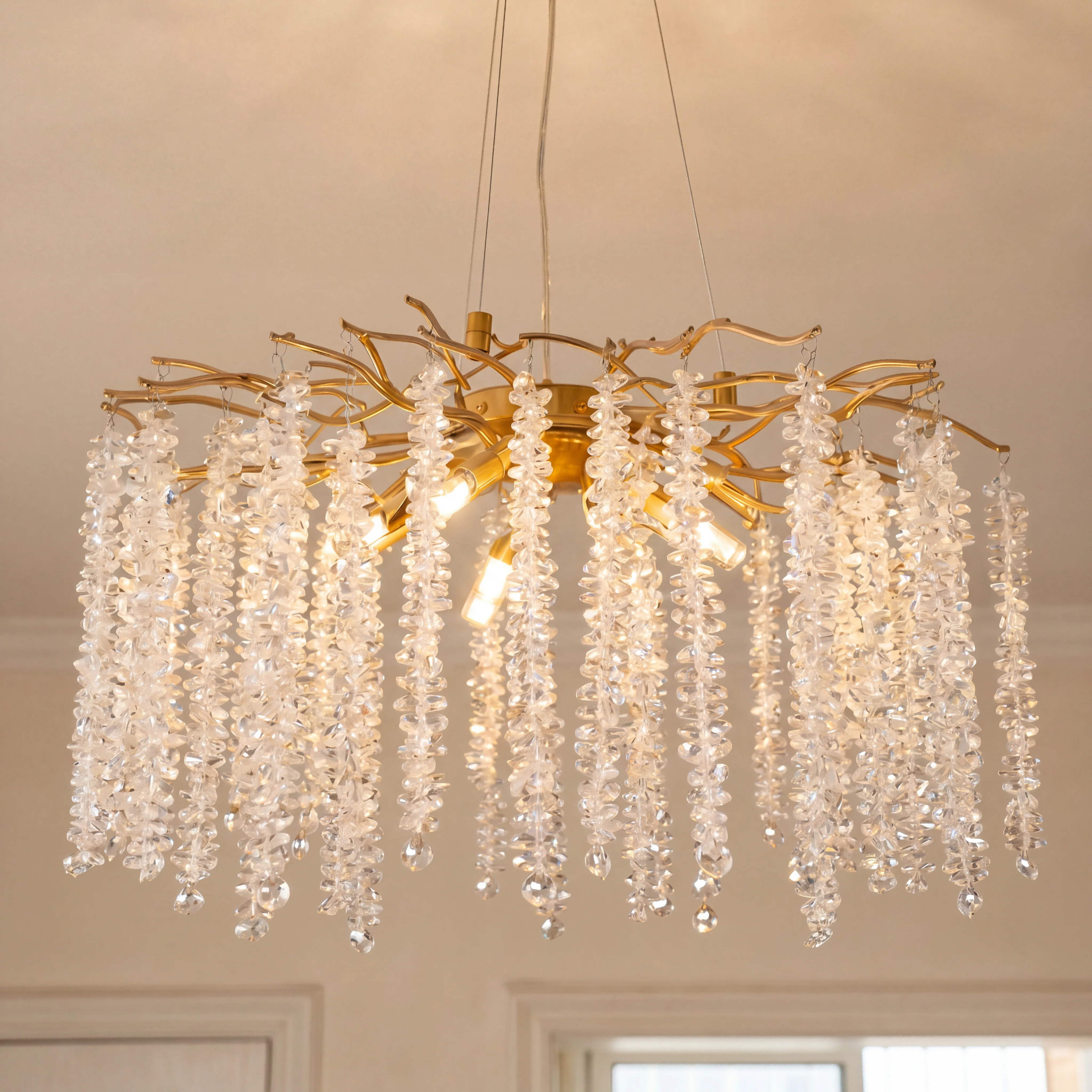 Modern Gold Crystal Chandelier, Tree Branch Adjustable Raindrop K9 Crystal Ceiling Light for Kitchen Island Dining Room Living Room Bedroom Hallway